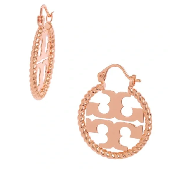 TORY BURCH • Rose Gold Rope Hoop Logo Earrings - Picture 4 of 5